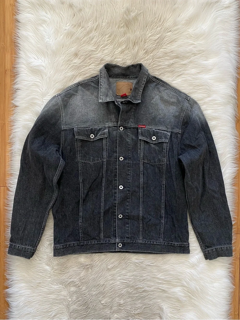 Guess Men’s Washed Black Distressed Cotton Denim Jean Jacket Y2K Vintage 00s XL